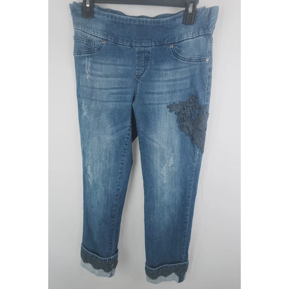 Peck & Peck Pull On Denim Capri Jeans Lace Trim‎ Floral Patch Blue Size 2